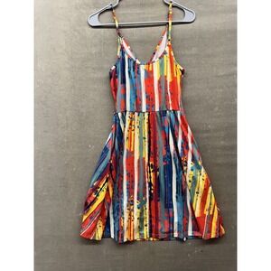 Styleword Dress Womens Medium Red Blue Yellow Striped Fit Flare Pockets Summer